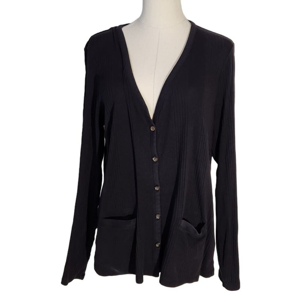 Classic Lands' End Dark Grey Ribbed Long Sleeve Knit Cardigan Womens Size L P